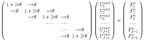 
$$ \left(\begin{array}{ccccc} 1+2r\theta & -r\theta & & & \\ -r\theta & 1+2r\theta & -r\theta & & \\ & -r\theta& 1+2r\theta & -r\theta & \\ & & \cdots & \cdots & \\ & & & \cdots & -r\theta \\ & & & -r\theta& 1+2r\theta\\ \end{array} \right) \left(\begin{array}{c} U_1^{n+1} \\ U_2^{n+1} \\ U_3^{n+1} \\ \cdots \\ U_{J-2}^{n+1} \\ U_{J-1}^{n+1} \\ \end{array} \right) =\left(\begin{array}{c} F_1^n \\ F_2^n \\ F_3^n \\ \cdots \\ F_{J-2}^n \\ F_{J-1}^n \\ \end{array} \right)$$
