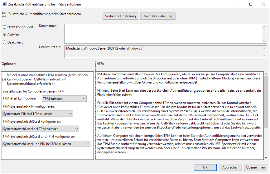 BitLocker auch ohne TPM zulassen   