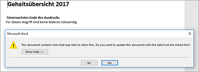 Beim Öffnen der Datei erscheint die Frage, ob die Links im Dokument aktualisiert werden sollen.   