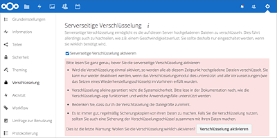 Nextcloud warnt eindrücklich vor den eigenen Verschlüsselungsfunktionen.   
