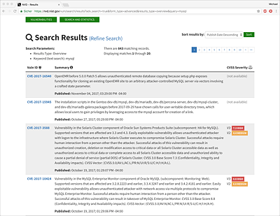 Suchergebnisse nach MySQL-Schwachstellen im Herbst 2017 auf der NVD-Website   