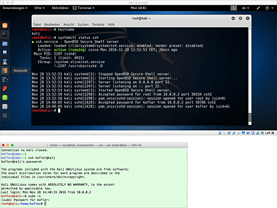 Oben Kali Linux in einem VirtualBox-Fenster, unten ein Terminalfenster von macOS mit einer SSH-Verbindung zu Kali Linux    