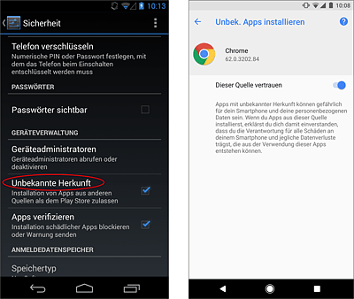 Einstellung zur Installation von Apps aus alternativen Quellen: Systemeinstellung vor Android 8.0 (links), App-Einstellung (hier Google Chrome) ab Android 8.0 (rechts)   