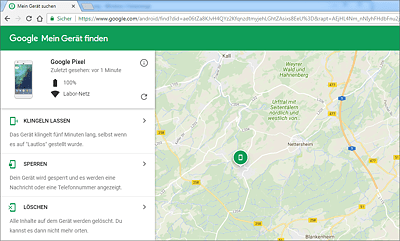 Standortanzeige eines verlorenen Geräts und Interaktionsmöglichkeiten am Beispiel von Android (iOS ähnlich)   