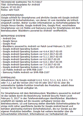 Technische Warnung des Bürger-CERTs zu Sicherheits-Updates für Android   