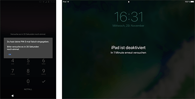 Gesperrtes Gerät nach fünf fehlerhaften Eingaben der PIN: Android (links) – iOS (rechts)   