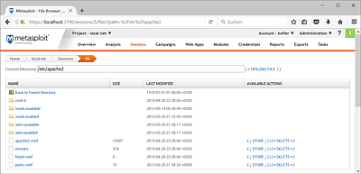 Bei aktiven Meterpreter-Sessions gestattet die Metasploit-Weboberfläche einen komfortablen Zugriff auf das Dateisystem des angegriffenen Rechners.   