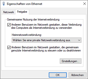 Freigabe für die gemeinsame Nutzung der Netzwerkverbindung   