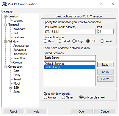 SSH-Verbindung mittels PuTTY zum Bash Bunny   