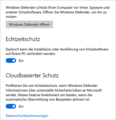 Defender-Konfiguration in der Systemsteuerung   