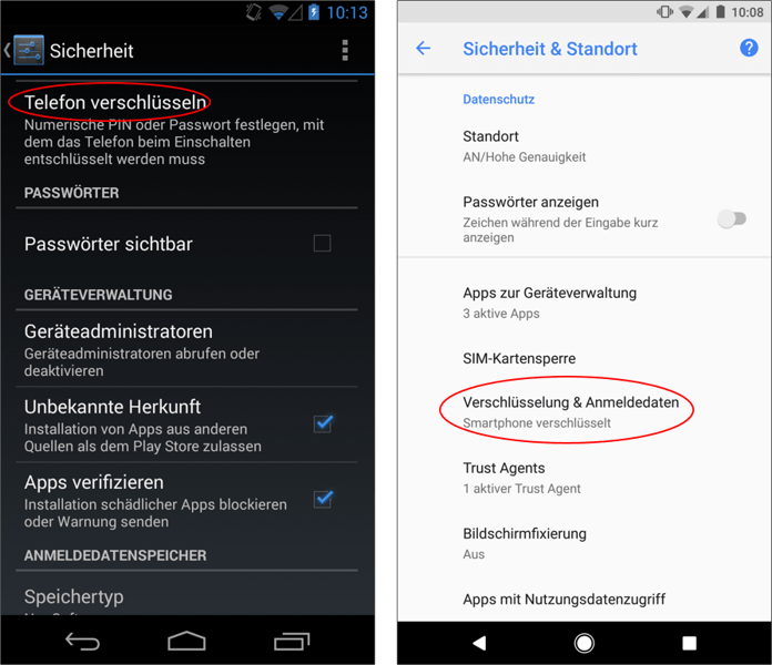 Verschlüsselung unter Android: unverschlüsseltes Android 4.3 (links) – verschlüsseltes Android 8.0 (rechts)   