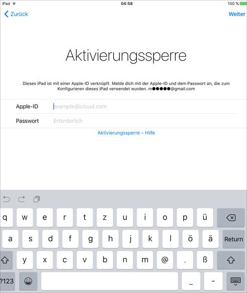 Abfrage der Zugangsdaten zur Aufhebung der iOS-Aktivierungssperre   