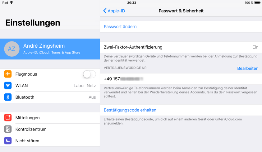 Menü zur Einstellung der Zwei-Faktor-Authentifizierung auf einem iOS-Gerät   