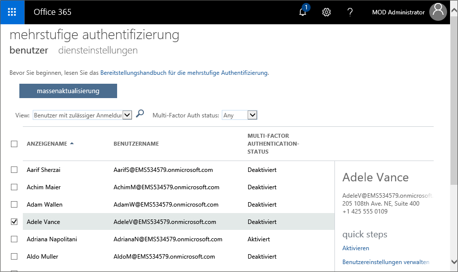 Aktivierung der mehrstufigen Authentifizierung   