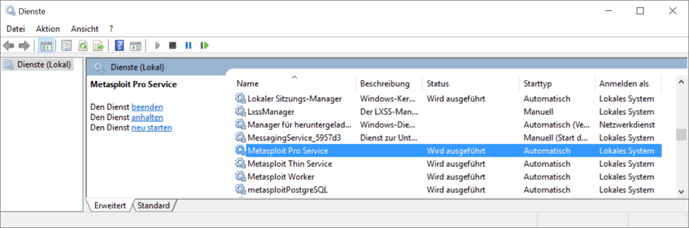 Vier Windows-Dienste sind unter Windows für Metasploit Community verantwortlich.   