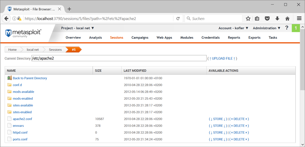 Bei aktiven Meterpreter-Sessions gestattet die Metasploit-Weboberfläche einen komfortablen Zugriff auf das Dateisystem des angegriffenen Rechners.   