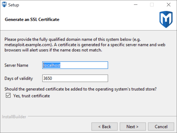 Das Metasploit-Installationsprogramm richtet ein SSL-Zertifikat für die HTTPS-Verbindung ein.   