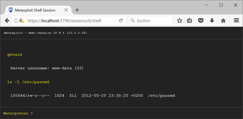 Im Shell-Fenster einer Session können Meterpreter-Kommandos ausgeführt werden.   