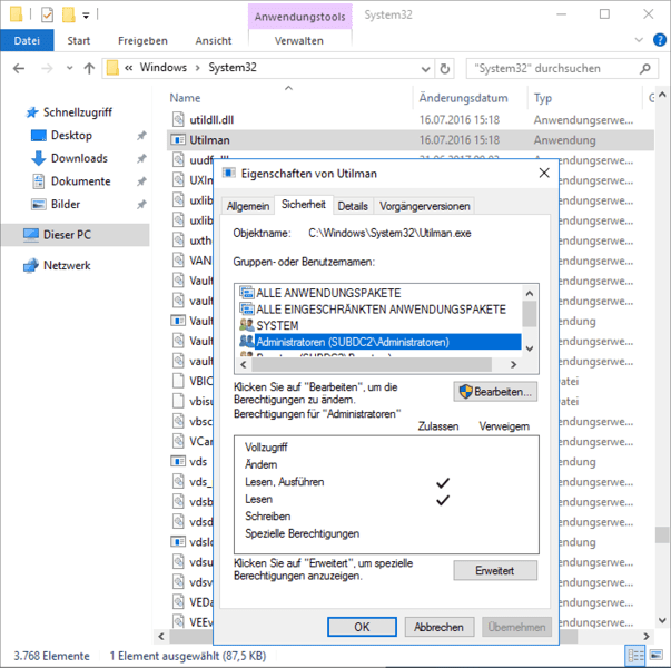 Berechtigung der Datei »Utilman.exe« 