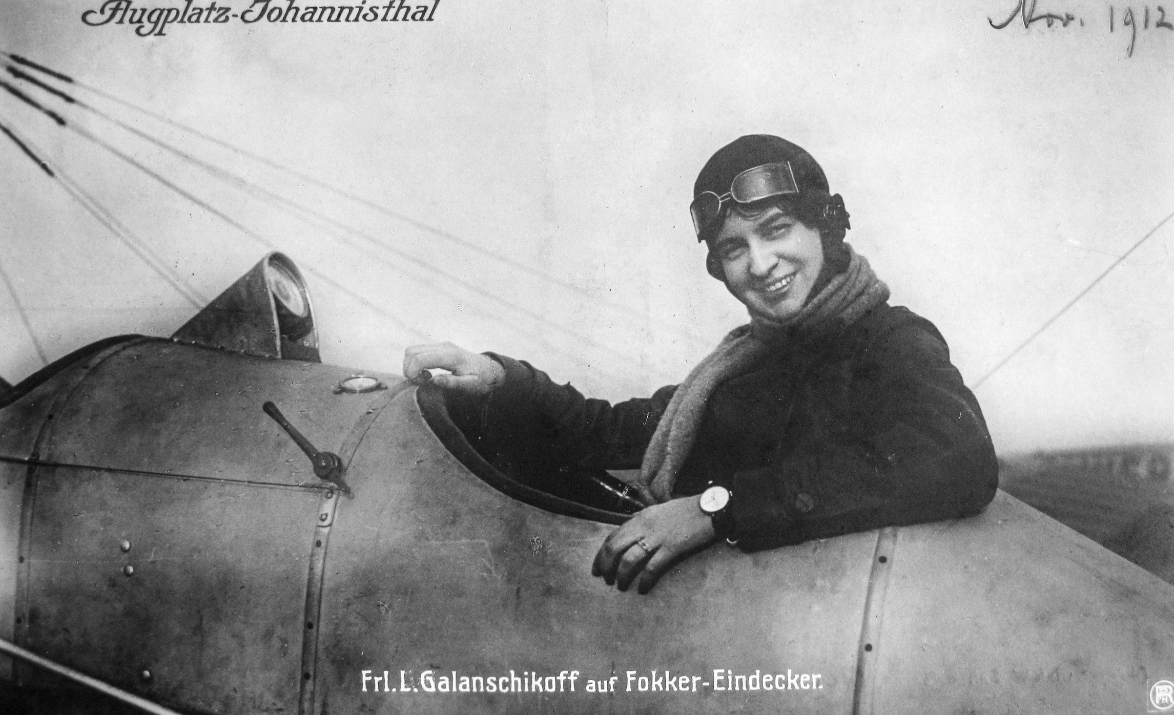 Ljuba Galantschikoff: In August 1912 Fokker tried to interest the Russian army in his planes by participating in a flying competition in St. Petersburg. He fell in love with the spirited vaudeville dancer, singer, and pilot Ljuba Galantschikoff. In Berlin she subsequently became one of his most important publicity assets, although her interest in the quirky Dutch aviator soon waned. FOKKER HERITAGE TRUST, HUINS, THE NETHERLANDS