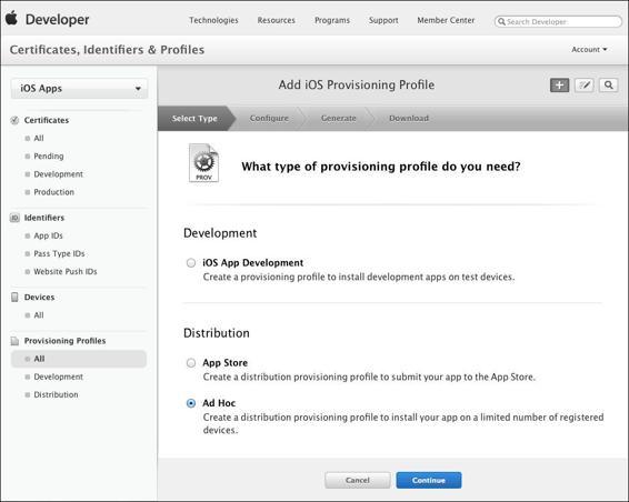 Ad hoc provisioning profile