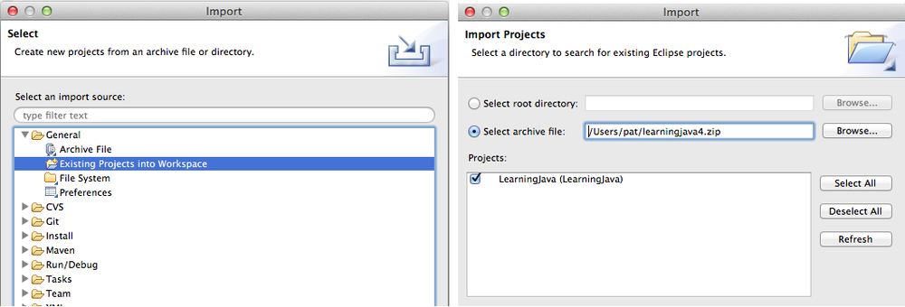 The import projects dialog box