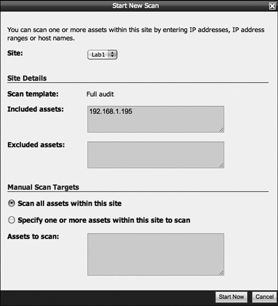 The NeXpose scan configuration dialog