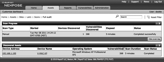 The completed NeXpose scan and report