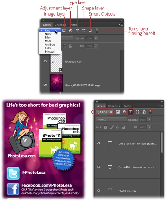 Top: If your image has more than one layer, you can use Photoshop’s layer-filtering feature to view layers that match specific conditions that you set. The switch on the right turns layer filtering off and on (it’s gray when turned off or when it’s on and you haven’t set any criteria).Bottom: Layer filtering is extremely helpful when you’ve got a gazillion of layers (like the document shown at left) and you need to find, say, all the Type layers. Once you’ve filtered them in the Layers panel, activating them is a snap: Just choose Select→All Layers and Photoshop highlights ’em all, as shown here. (The little switch on the right turns red when you have layer filtering turned on and you’ve set a filtering criteria.)