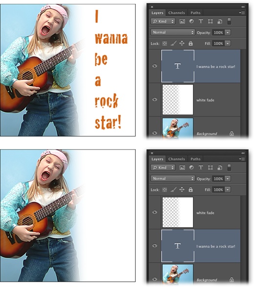 The stacking order of layers determines what you can and can’t see.Top: With the Type layer at the top of the stack, you can see the text because it’s sitting above everything else. And because the Gradient Fill layer is partially transparent (you can tell by the checkerboard pattern in its thumbnail), you can see through it to the photo at the bottom of the stack.By the way, this technique is great for ensuring that text remains readable atop a photo when creating postcards, invitations, and the like.Bottom: If you drag the Type layer below the Gradient Fill layer, you can’t see the text anymore because it’s hidden by the white paint.
