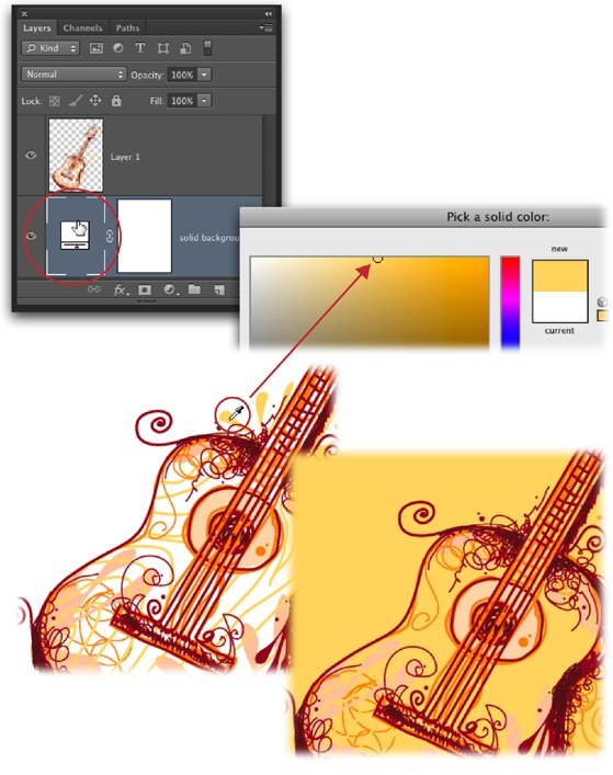 Top: Dragging a Fill layer to the bottom of the layer stack creates a solid-colored (in this case, white) background for your image. To change the color, double-click the Fill layer’s thumbnail (circled) to pop open the Color Picker.Bottom: If you want to get super creative, you can snatch color from your image by mousing over to it while the Color Picker is open (your cursor turns into an eyedropper, circled). Click once to grab the color you want, and then click OK to close the Color Picker.If you want to hide part of the Fill layer (to, say, have it show only in certain areas), just paint with black inside the included layer mask (see page 108).