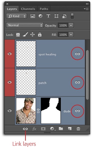 Once you’ve got more than one layer activated, you can link them by clicking the tiny chain icon at the bottom of the Layers panel. When you do, the same icon appears to the right of each layer’s name (circled) to show that the layers are linked. To unlink them, simply activate a layer and then click the chain icon at the bottom of the Layers panel again. Easy, huh?The two layers that involve retouching are color-coded with red (red for retouching—get it?).
