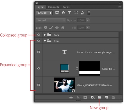 Just click a layer group’s flippy triangle to expand or collapse that group. Here, the down-pointing flippy triangle next to the Front group’s folder shows that the group is expanded, while the Back group is collapsed. You can collapse or expand all layer groups at the same time by Option-clicking (Alt-clicking on a PC) the flippy triangle to a group’s left.Layer groups not only help you shorten your Layers panel, they also let you apply masks to all the layers in the group simultaneously.