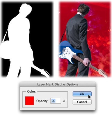 Left: To get inside a layer mask and edit it in full grayscale glory—handy for ensuring your subject is fully revealed—Option-click (Alt-click on a PC) the mask’s thumbnail in the Layers panel. Once you’re inside the mask, you can then copy and paste pixels—including text—right into it. (Page 622 has a cool example involving snatching texture from a photo and pasting it inside a mask to add it to text.) When you’re finished editing the mask, click the layer’s thumbnail.Right: To edit the mask with a red overlay (like Quick Mask Mode; page 176), click to activate the mask and then press the backslash key (\). To change the overlay’s color, open the Masks panel’s menu and choose Mask Options. In the dialog box that appears (shown here), click the color square and then pick a new color from the resulting Color Picker. Press the backslash key again to send the overlay packin’.