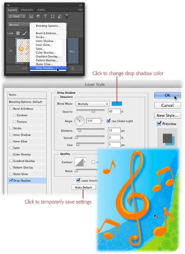 When it comes to drop shadows, the classiest ones are rarely black—instead, they pick up a darker color from the image. Just click the color swatch labeled here, and Photoshop summons the Color Picker (page 489). To snatch a color that already lives in the image, mouse over the image and, when your cursor turns into an eyedropper, click once; your shadow takes on that color.You’ll also likely need to lower the shadow’s opacity so it’s nice and soft, and use the Spread and Size sliders to make it wider. Don’t bother messing with the Angle dial or the Distance slider because you can change those settings visually by heading over to your document and dragging the shadow around—while the Layer Style dialog box is still open—as shown here (bottom).Once you get the drop shadow just right, click the Make Default button (labeled). The next time you need to add a drop shadow, Photoshop will use those same settings.