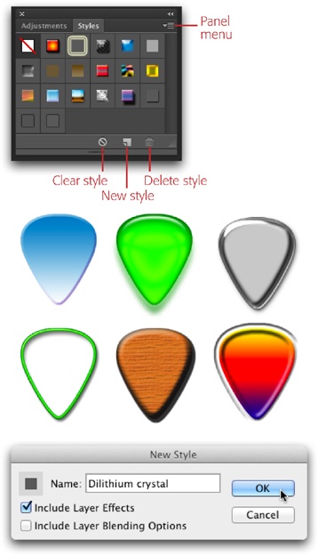 You’ll find all manner of weird and wacky presets in the Styles panel (top). (To make the style thumbnails larger or to view them in a list, open the Styles panel’s menu and choose Text Only, Small Thumbnail, Large Thumbnail, Small List, or Large List.) Some of them are more useful than others (middle).You can add your own creations to the mix, too. Just activate the layer your style is applied to and then click the New Style button labeled here or choose New Style from the Styles panel’s menu.In the resulting dialog box (bottom), give your style a name, turn on the Include Layer Effects checkbox to make sure you don’t lose any of your changes, and—if you’ve changed any layer blending options—turn on the Include Layer Blending Options checkbox, too. When you click OK, Photoshop saves your style for posterity and adds it to the Styles panel (though it’s a good idea to safeguard your presets, as online Appendix B explains).To bypass this dialog box next time you want to save a style, Option-click (Alt-click on a PC) the New Style button. You’ll get a new Style called “Style” that you can rename later, but you don’t get to change any other settings.
