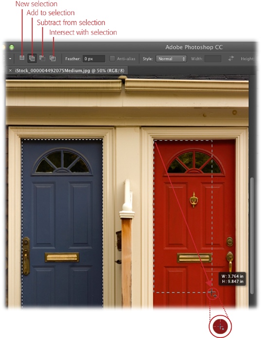 Using the buttons in the Options bar (or better yet, the keyboard shortcuts mentioned in this section), you can add to or subtract from a selection, as well as create a selection from two intersecting areas.Since all selections begin at the point where you first click, you can easily select one of these doors by dragging diagonally from the top-left corner to the bottom right as shown here. You can tell from the tiny + sign next to the crosshair-shaped cursor that you’re in “Add to selection” mode, so this figure now has two selections: the blue door and the red door.You also get a helpful overlay that displays the width and height info as you drag to create a selection (shown here). If you move a selection, you see X and Y axis info instead that indicates how far you’ve moved the selection in the document.Give this selection technique a spin by downloading the practice file Doors. jpg from this book’s Missing CD page at www.missingmanuals.com/cds.
