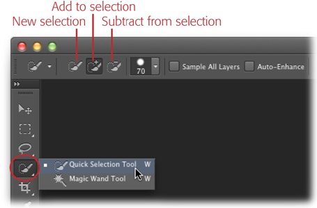 You can press the W key to activate the Quick Selection tool. (To switch between it and the Magic Wand, press Shift-W.)When you activate the Quick Selection tool, the Options bar sports buttons that let you create a new selection as well as add to or subtract from the current selection.