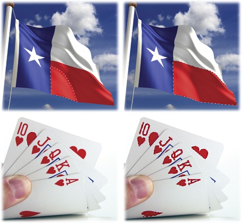 Top: Say you’re trying to select the red part of this Texas flag. After clicking once with the Magic Wand (with a Tolerance setting of 32), you still need to select a bit more of the red (left). Since the red pixels are all touching one another, you can run the Grow command a couple of times to make Photoshop expand your selection to include all the red (right).Bottom: If you want to select the red in these playing cards (what a poker hand!), the Grow command won’t help because the red pixels aren’t touching one another. In that case, click once with the Magic Wand to select one of the red areas (left) and then use the Similar command to grab the rest of them (right). Read ’em and weep, boys!