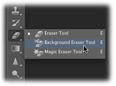 You may never see these tools because they’re hidden inside the same toolset as the regular Eraser tool. Just click and hold the Eraser tool’s icon until this little menu appears. Pick an eraser based on how you want to use it: You drag with the Background Eraser (as if you were painting, which is great for getting around the edges of an object), whereas you simply click with the Magic Eraser.