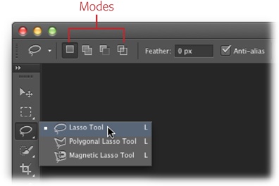 So many lassos, so little time! The regular Lasso tool is great for drawing a selection freehand, the Polygonal Lasso is good for drawing selections around shapes that have a lot of straight lines, and the Magnetic Lasso is like an automatic version of the regular Lasso—it tries to make the selection for you.