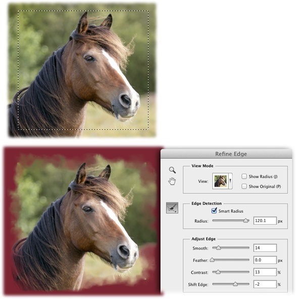 Top: The first step to creative edges is to draw a rectangular selection around the focal point of the image. The wider the space between the edges of your selection and the edges of the document, the wider the soon-to-be-creative edge will be.Bottom: Once you turn on Smart Radius and drag the Radius slider to the right, the edges of the image begin to change. Use the remaining sliders to tweak the look to your liking. As you can see, the Refine Edge dialog box makes short work of giving images an interesting painted edge (here, the image is shown atop a deep red Solid Color Fill layer).