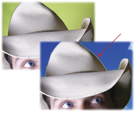 Here you can see the intrepid cowboy on his original green background (top) and on the new background (bottom).The green pixels stubbornly clinging to his hat are an edge halo.