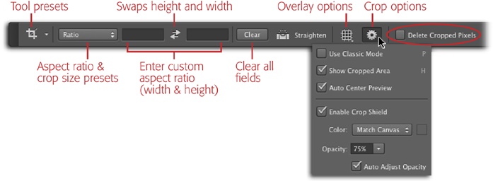 The Crop tool’s behavior and Options bar settings changed drastically in CS6, though they’ve been streamlined in CC (for example, the “swap width and height” arrows are back). These changes take some getting used to, and if they drive you crazy you can revert to the behavior of pre-CS6 Crop tool by clicking the gear icon shown here and then turning on Use Classic Mode (or simply pressing P).