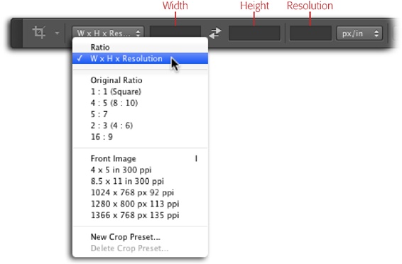 To change the dimensions and resolution of an image while you’re cropping it, choose W x H x Resolution from the revamped aspect-ratio-and-crop-size preset menu, and those fields appear in the Options bar. Use the menu to the right of the resolution field to switch between pixels per inch and pixels per centimeter (the latter is standard outside the U.S.).If you think you’ll use the same size-and-resolution combo later, choose New Crop Preset from this menu.