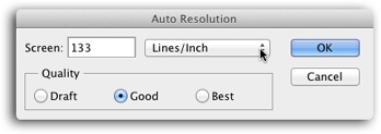 If you know the lpi of your printer, enter it in the Screen field here, and Photoshop calculates the resolution (ppi) for you. You’ve got a choice of three different quality settings: Draft gives you a resolution of 72 ppi, Good multiplies the lpi by 1.5, and Best multiplies it by 2.