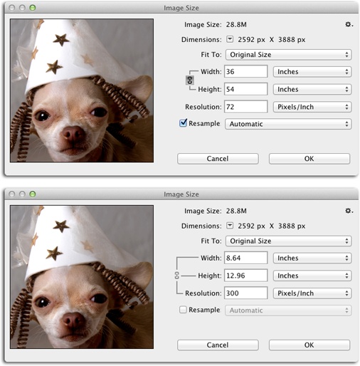 A peek at the Image Size dialog box reveals that if you tried to print this image at its current resolution, you’d need a huge piece of paper—one that’s 36x54 inches! Even worse, at the current resolution of 72 ppi, that massive print would look like it was made from blocks.Turning off the Resample checkbox locks the image’s pixel dimensions and protects its quality. Once you do that, you can increase the resolution without worrying about print quality—it’ll get physically smaller, sure, but it won’t be pixelated. Think about it this way: As the resolution goes up, the document’s print size goes down because Photoshop makes the pixels smaller.