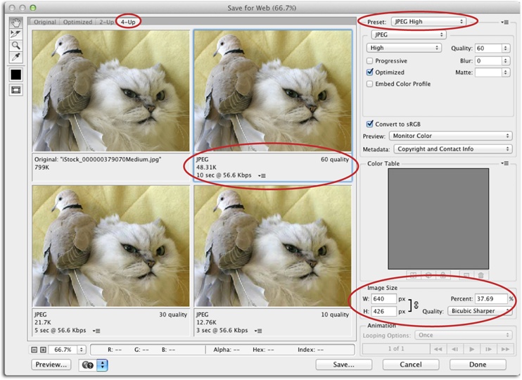 The quickest way to resize an image for emailing or posting online is to head straight for the “Save for Web” dialog box. It lets you reduce the image’s size and save it in a different format in one fell swoop, complete with up to four previews.That said, if you’re working with a honkin’ big image from a high-end digital camera (say, over 5000 pixels in width or height) this dialog box may take ages to open or you may get an error message saying the file is just too big to deal with. If that happens, reduce the image’s size using the Image Size dialog box first.