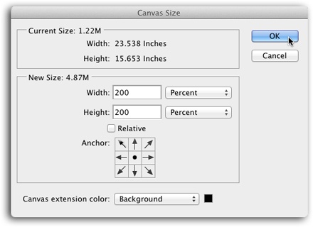 Using the Canvas Size dialog box, you can increase canvas space by entering dimensions or a percentage change. Use the Anchor option to determine where the existing image lands within the new space. If you don’t pick an Anchor setting, the image lands in the middle.