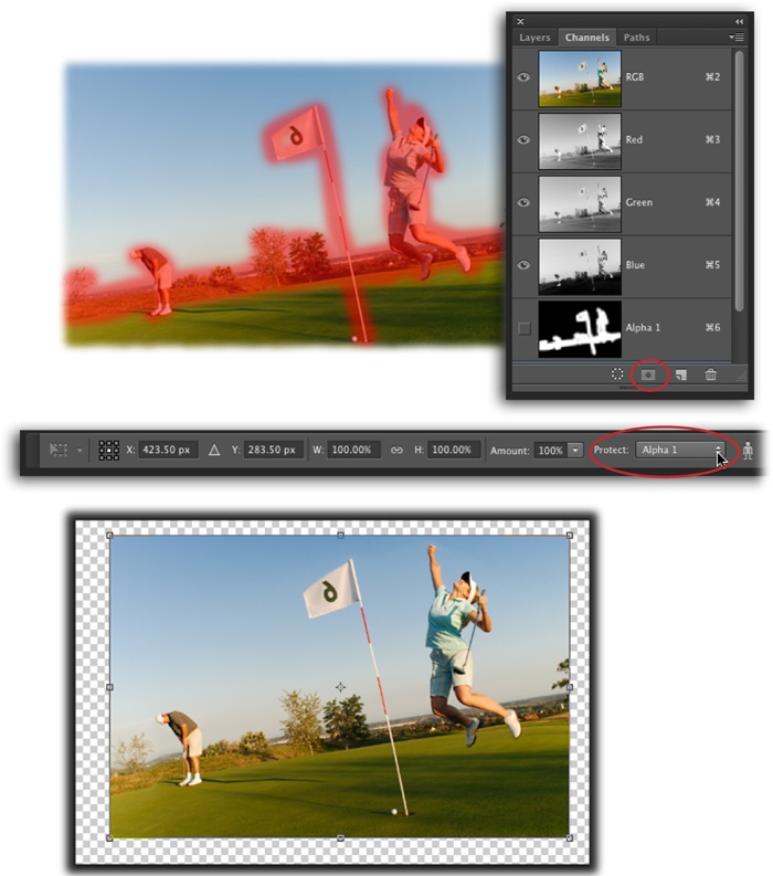 Top: The areas you paint in Quick Mask mode turn red, as shown here. This mode is one of the fastest ways to make a selection, and you don’t have to be that careful about the area you paint; anything you touch with the brush is protected. Once you exit Quick Mask mode and flip-flop the selection, click the “Save selection as channel” button at the bottom of the Channels panel (circled).Middle: Once you’ve activated the Content-Aware Scale tool, you can choose the protective alpha channel from the Protect drop-down menu in the Options bar (circled).Bottom: Because you protected the shrubs, golfers, and flag, Photoshop leaves them alone and resizes everything else.